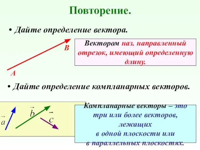 Повторение. Дайте определение вектора. А В Вектором наз. направленный отрезок, имеющий определенную