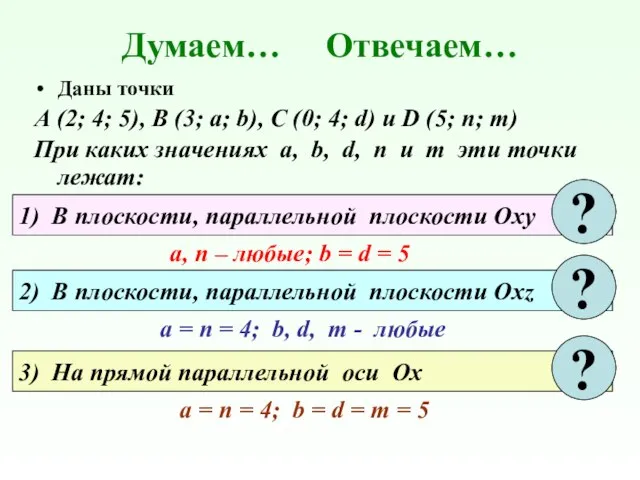 Думаем… Отвечаем… Даны точки А (2; 4; 5), В (3; а; b),