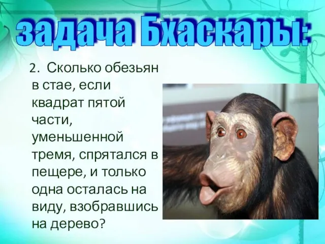 2. Сколько обезьян в стае, если квадрат пятой части, уменьшенной тремя, спрятался