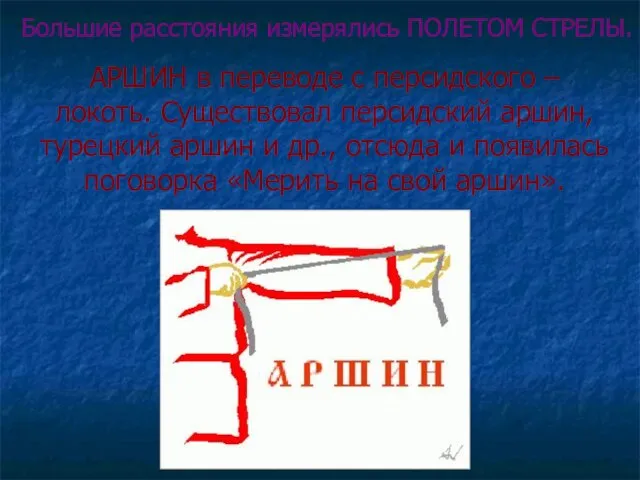 АРШИН в переводе с персидского – локоть. Существовал персидский аршин, турецкий аршин