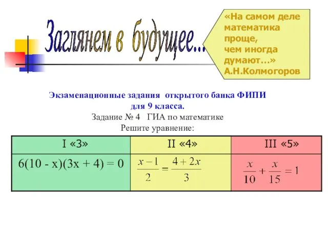 «На самом деле математика проще, чем иногда думают…» А.Н.Колмогоров Заглянем в будущее...