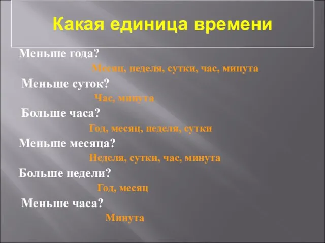 Какая единица времени Меньше года? Месяц, неделя, сутки, час, минута Меньше суток?