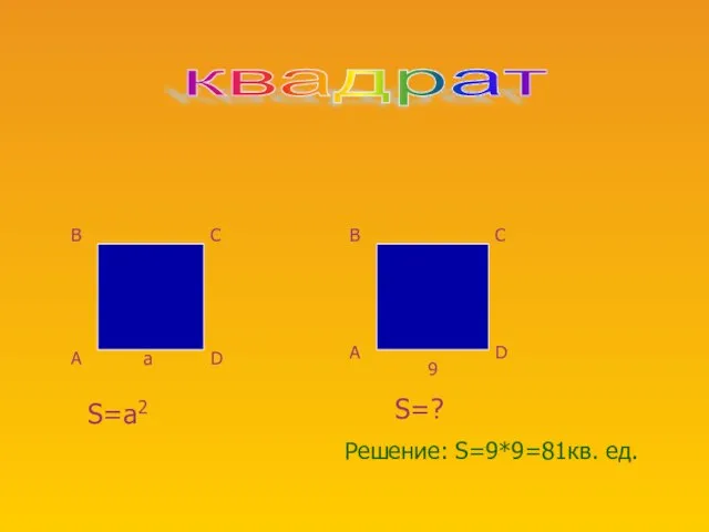 A B C D A B C D S=а2 a S=? 9 Решение: S=9*9=81кв. ед. квадрат