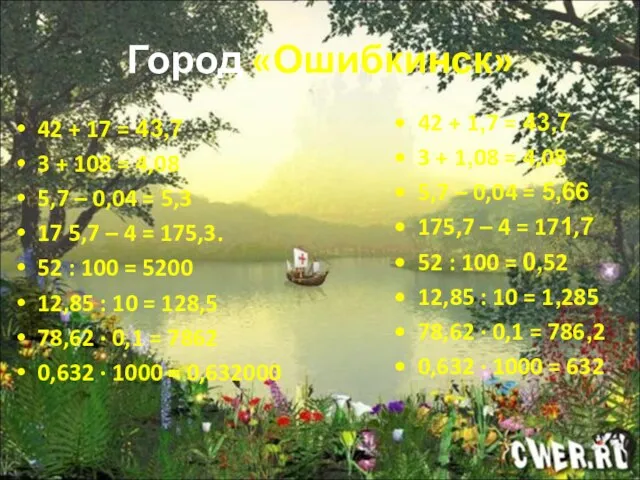 Город «Ошибкинск» 42 + 17 = 43,7 3 + 108 = 4,08