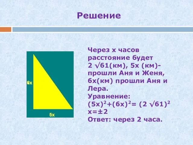 Решение Через х часов расстояние будет 2 √61(км), 5х (км)- прошли Аня