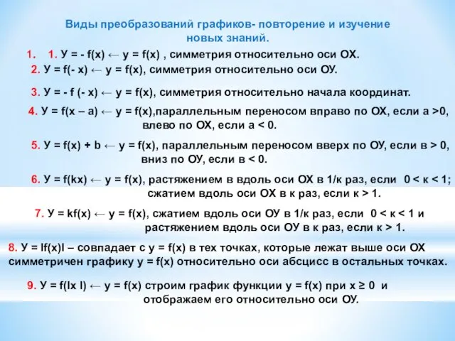 1. У = - f(x) ← y = f(x) , симметрия относительно