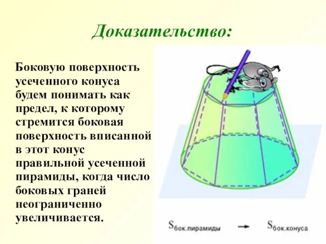 Доказательство: Боковую поверхность усеченного конуса будем понимать как предел, к которому стремится