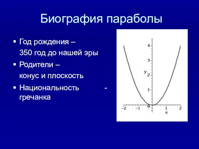 Биография параболы Год рождения – 350 год до нашей эры Родители –