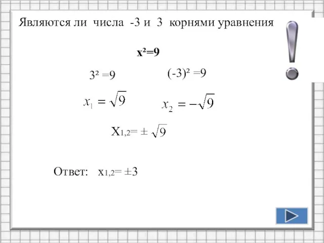 Х1,2= ± Являются ли числа -3 и 3 корнями уравнения х²=9 (-3)²