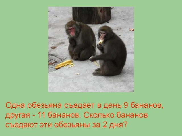 Одна обезьяна съедает в день 9 бананов, другая - 11 бананов. Сколько