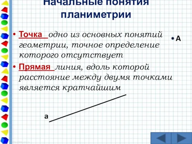 Начальные понятия планиметрии Точка одно из основных понятий геометрии, точное определение которого