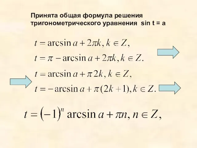 Принята общая формула решения тригонометрического уравнения sin t = a