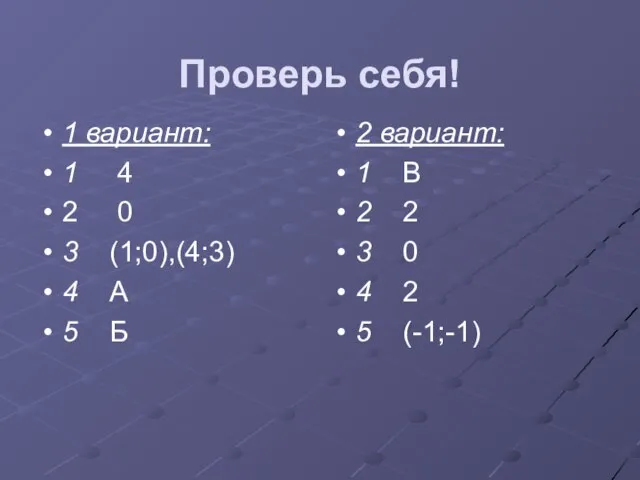 Проверь себя! 1 вариант: 1 4 2 0 3 (1;0),(4;3) 4 А