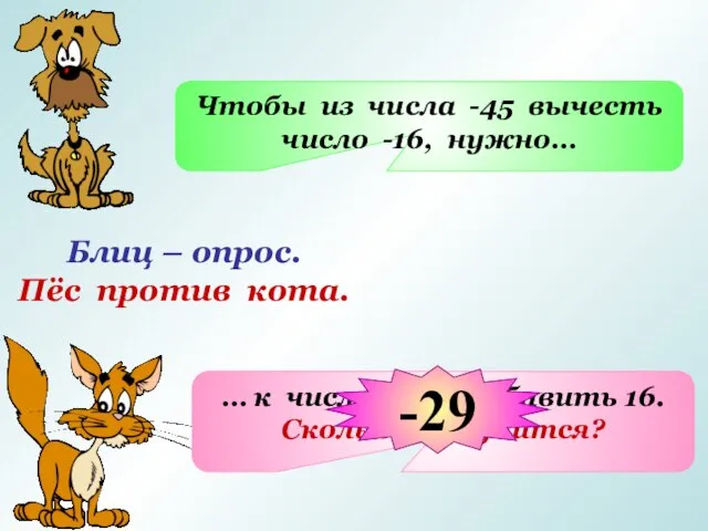 Блиц – опрос. Пёс против кота. Чтобы из числа -45 вычесть число