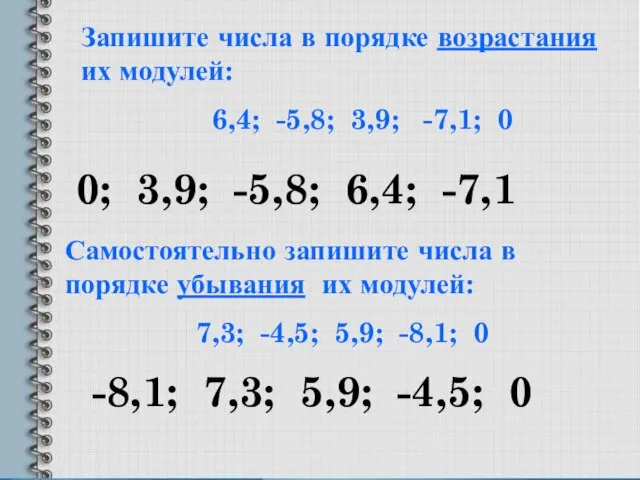 Запишите числа в порядке возрастания их модулей: 6,4; -5,8; 3,9; -7,1; 0