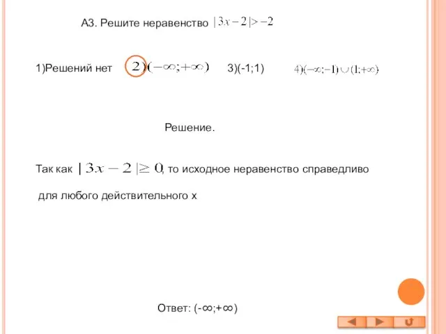 А3. Решите неравенство 1)Решений нет 3)(-1;1) Решение. Так как , то исходное