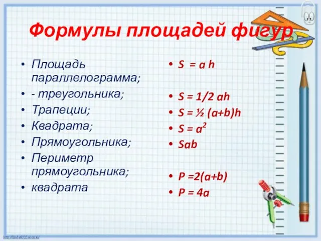 Формулы площадей фигур Площадь параллелограмма; - треугольника; Трапеции; Квадрата; Прямоугольника; Периметр прямоугольника;