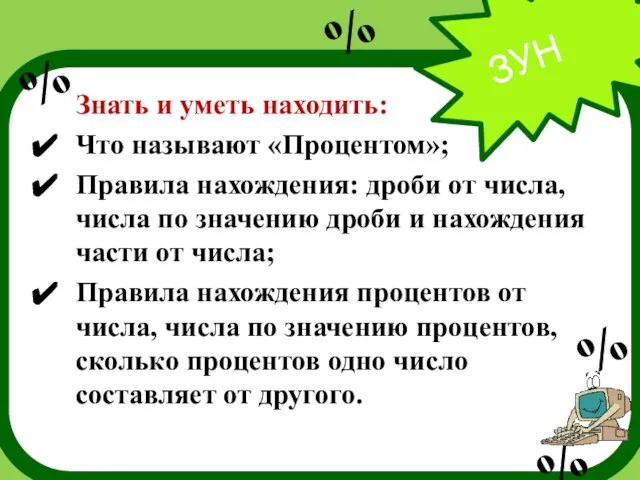 ЗУН Знать и уметь находить: Что называют «Процентом»; Правила нахождения: дроби от