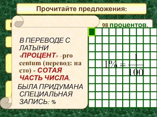 Прочитайте предложения: Всхожесть семян составляет 98 процентов. Концентрация раствора кислоты – 50