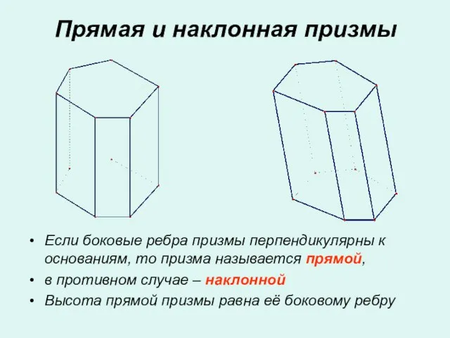 Если боковые ребра призмы перпендикулярны к основаниям, то призма называется прямой, в