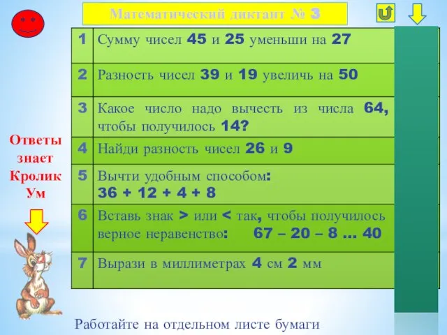 Математический диктант № 3 Ответы знает Кролик Ум Работайте на отдельном листе бумаги