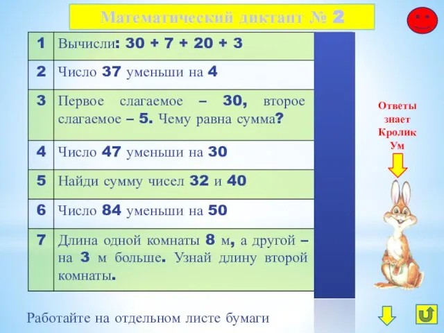 Математический диктант № 2 Работайте на отдельном листе бумаги Ответы знает Кролик Ум