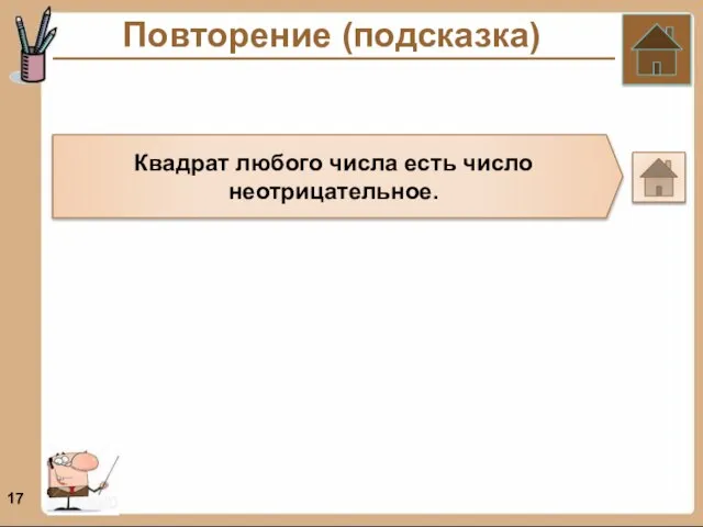 Повторение (подсказка) Квадрат любого числа есть число неотрицательное.