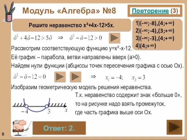 Модуль «Алгебра» №8 Повторение (3) Решите неравенство х²+4х-12>5х. Ответ: 2. Рассмотрим соответствующую