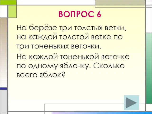 ВОПРОС 6 На берёзе три толстых ветки, на каждой толстой ветке по