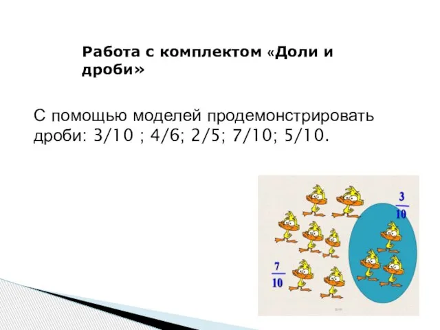 Работа с комплектом «Доли и дроби» С помощью моделей продемонстрировать дроби: 3/10