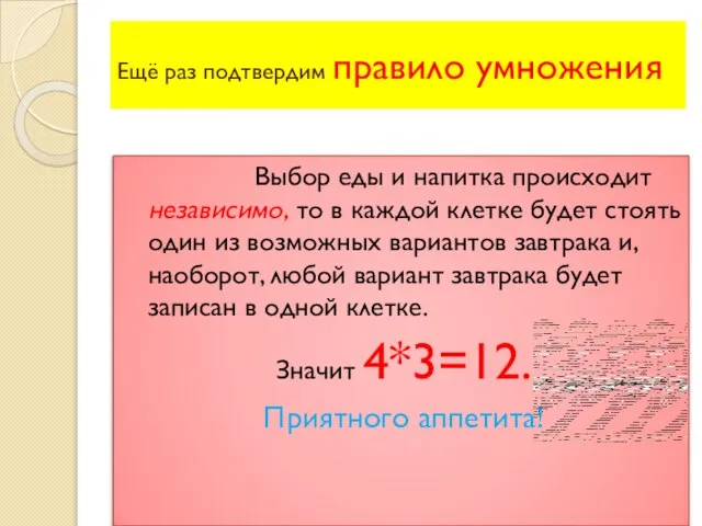 Ещё раз подтвердим правило умножения Выбор еды и напитка происходит независимо, то