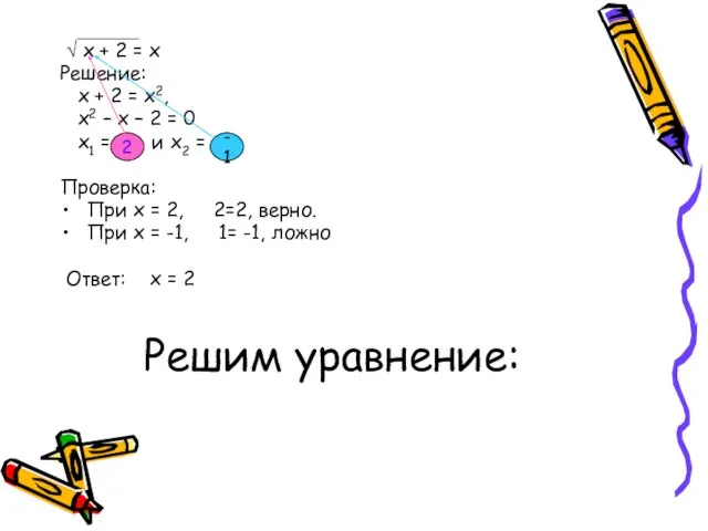 Решим уравнение: √ х + 2 = х Решение: х + 2