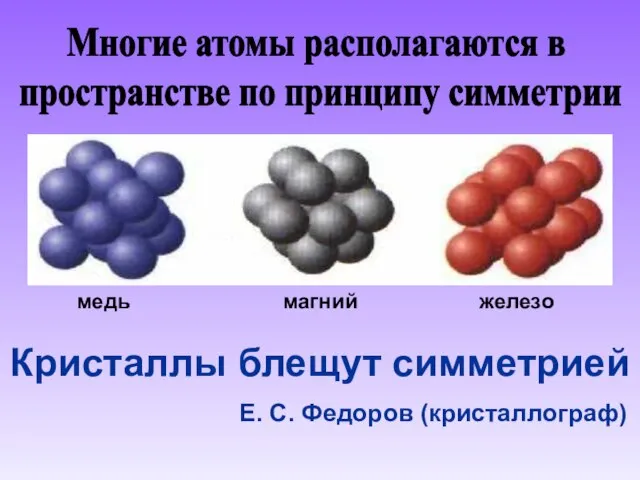 Многие атомы располагаются в пространстве по принципу симметрии магний железо медь Кристаллы