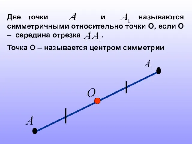 Две точки и называются симметричными относительно точки О, если О – середина