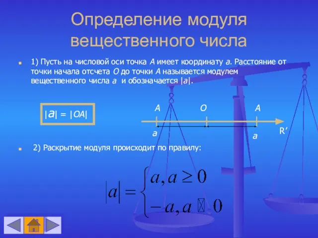 Определение модуля вещественного числа 1) Пусть на числовой оси точка А имеет