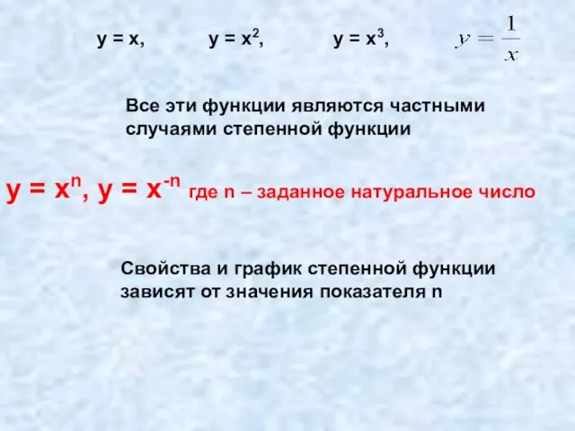 Все эти функции являются частными случаями степенной функции у = хn, у