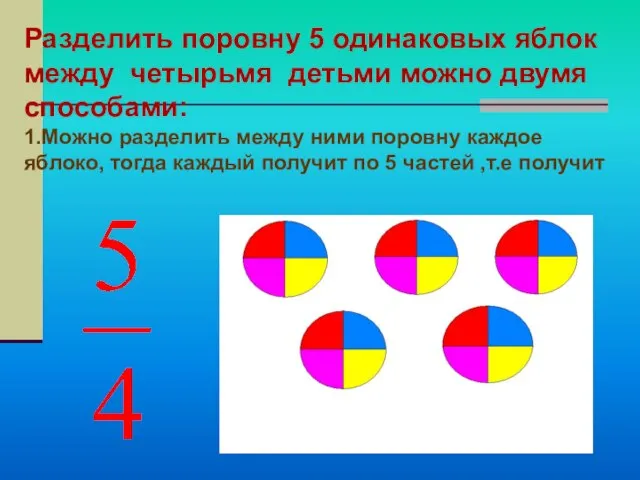 Разделить поровну 5 одинаковых яблок между четырьмя детьми можно двумя способами: 1.Можно