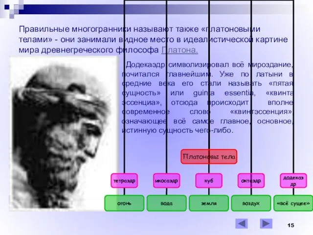 Правильные многогранники называют также «платоновыми телами» - они занимали видное место в