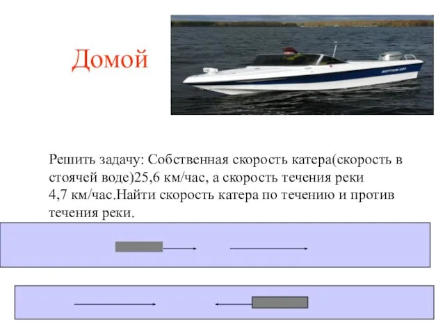 Домой Решить задачу: Собственная скорость катера(скорость в стоячей воде)25,6 км/час, а скорость