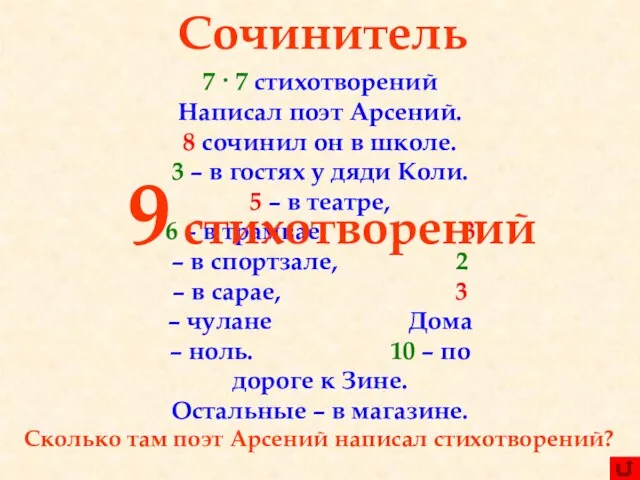 7 · 7 стихотворений Написал поэт Арсений. 8 сочинил он в школе.