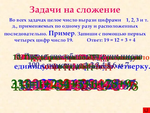 Задачи на сложение Во всех задачах целое число вырази цифрами 1, 2,