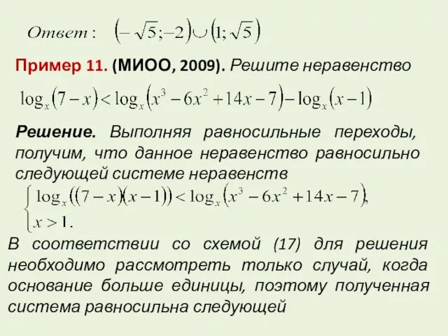 Пример 11. (МИОО, 2009). Решите неравенство Решение. Выполняя равносильные переходы, получим, что