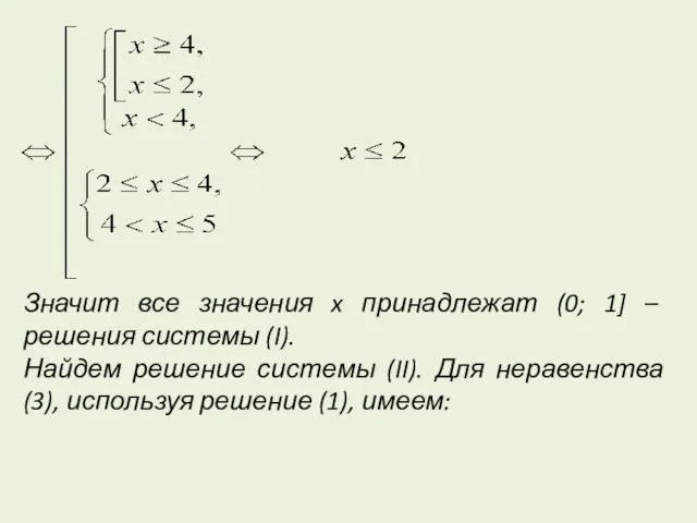 Значит все значения x принадлежат (0; 1] – решения системы (I). Найдем