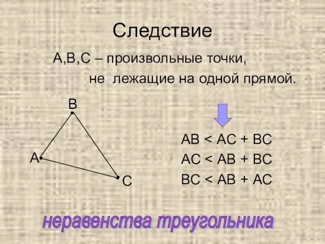 Следствие А,В,С – произвольные точки, не лежащие на одной прямой. АВ АС