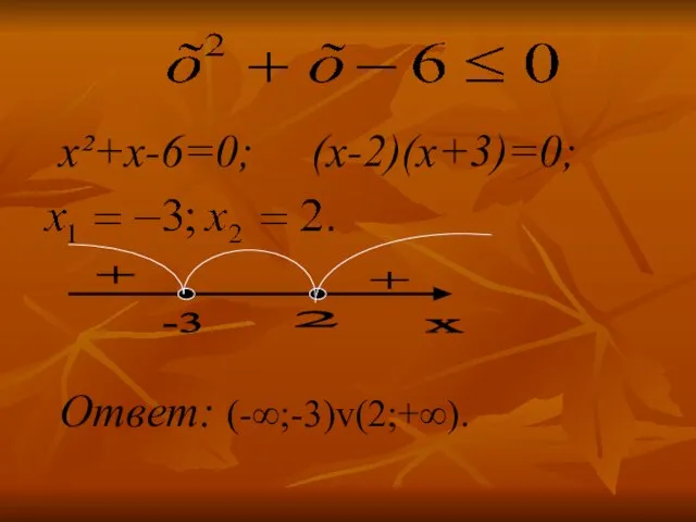 x²+x-6=0; (х-2)(х+3)=0; Ответ: (-∞;-3)v(2;+∞). х + 2 -3 +