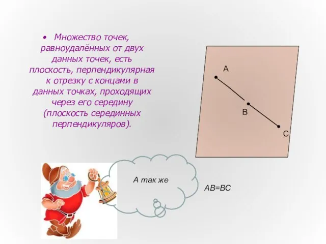 Множество точек, равноудалённых от двух данных точек, есть плоскость, перпендикулярная к отрезку