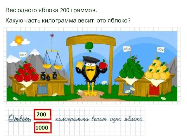 Вес одного яблока 200 граммов. Какую часть килограмма весит это яблоко?