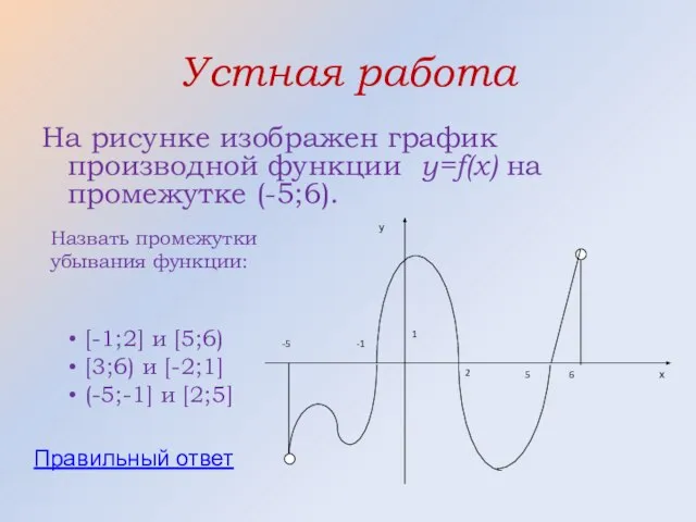 Устная работа На рисунке изображен график производной функции y=f(x) на промежутке (-5;6).