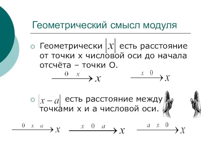 Геометрический смысл модуля Геометрически есть расстояние от точки х числовой оси до