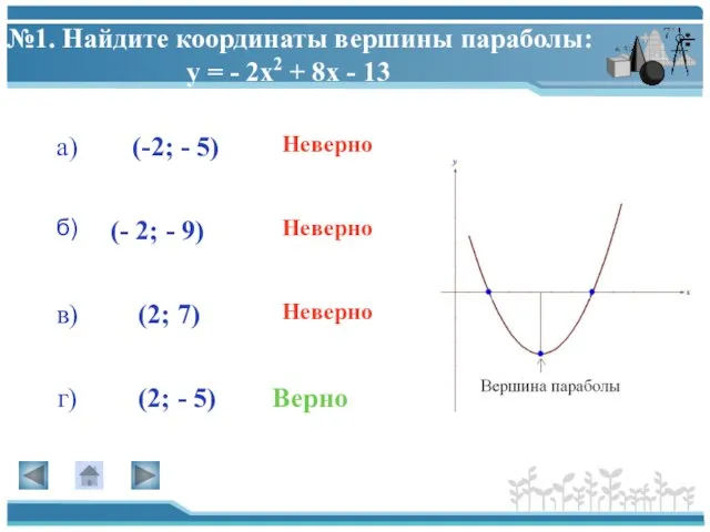 №1. Найдите координаты вершины параболы: у = - 2х2 + 8х -